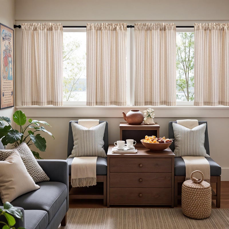 jinchan Striped Linen Kitchen Curtains 36 Inches Length Tier Curtains Farmhouse Modern Cafe Style Small Window Treatments Airy Light Filtering Rod Pocket for Living Room Bathroom 2 Panels Tan - Image 3